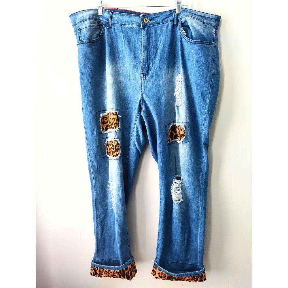 Lucky & Blessed Women Distressed Stretch Leopard Patch 5 Pockets Jeans